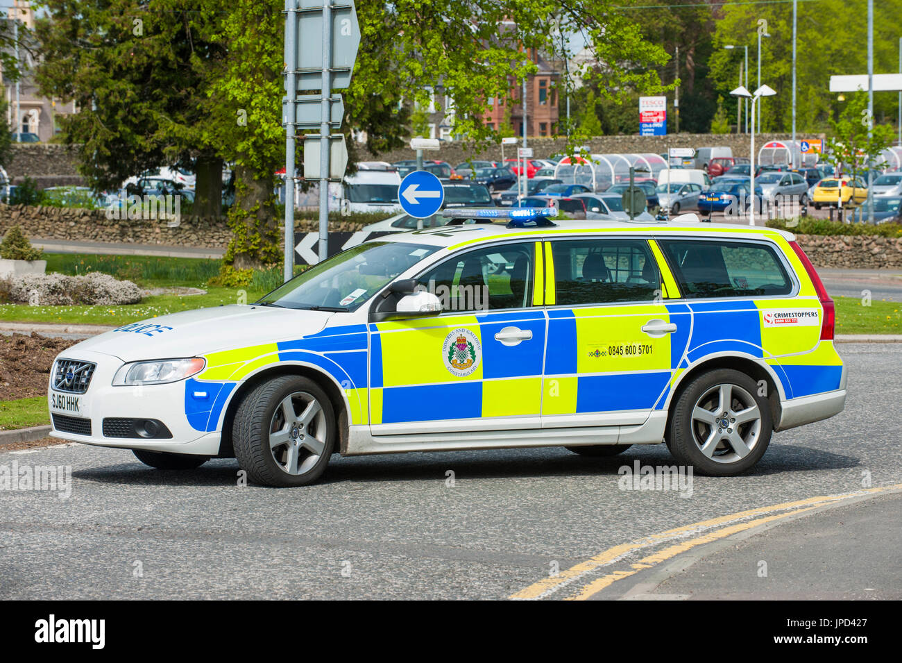 Castle Douglas, Scotland - April 25, 2011: A police car that is being used as a road block. The road was closed Stock Photo