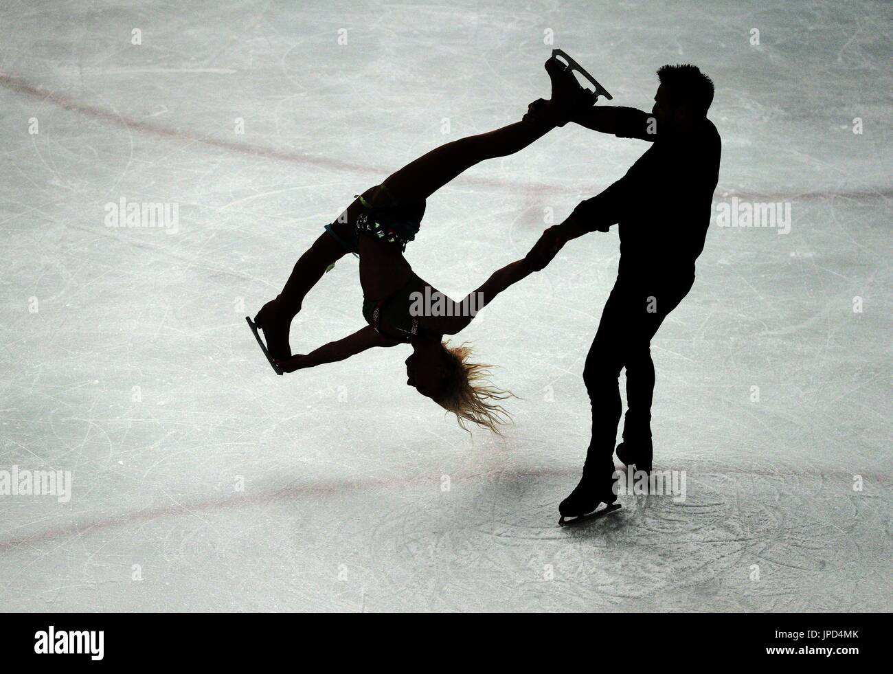 Adam Jukes from Blackpool and Natalia Sinkiewicz from Poland practice for Peacock Lake, a modern take on Tchaikovsky's classic Swan Lake, bringing together ice skating and contemporary dance, part of the 53rd Billingham Folklore Festival of World Dance. Stock Photo