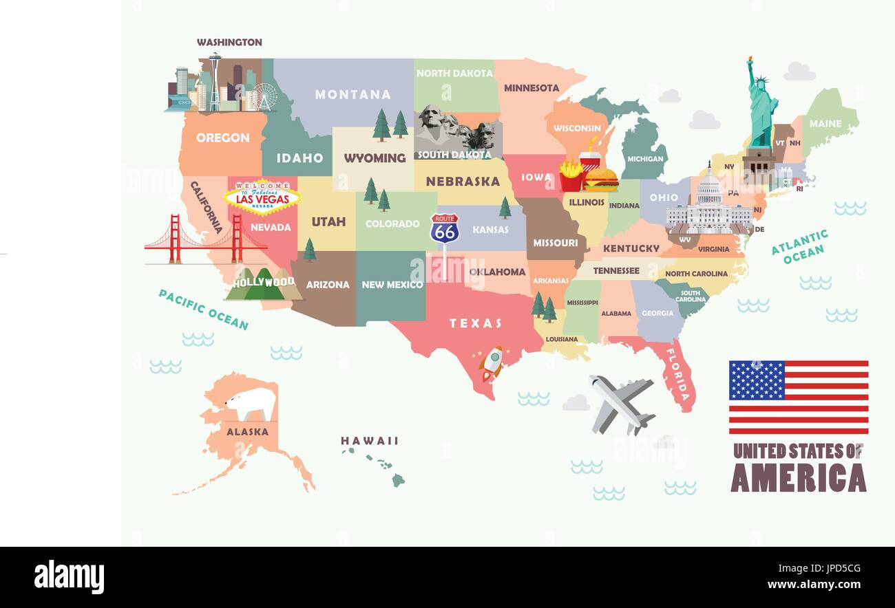 Map of the United States of America with Famous attractions. Vector