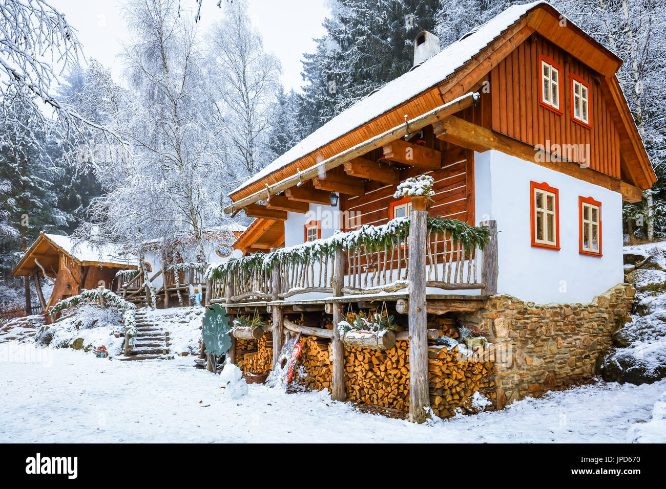 Europe, Czech Republic, Czechia, Vysočina, Podlesí, Pohádková vesnička  Podlesíčko, Fairytale village with houses inspired by different  fairytales,snow Stock Photo - Alamy