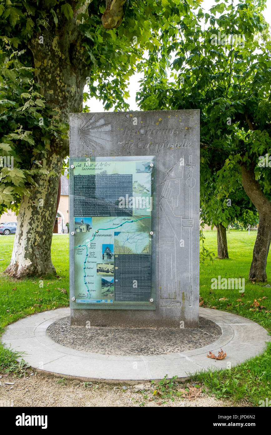 Information board on Route of Santiago de Compostela, Lacommande, France. Stock Photo