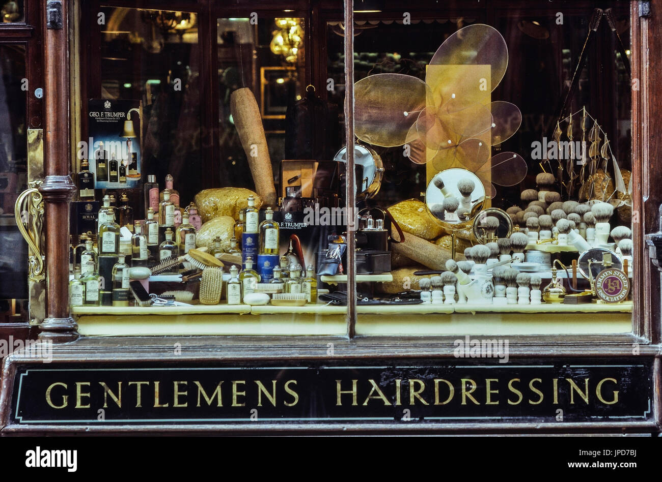 The shop window of Geo F Trumper, gentlemen's hairdressing. London, England, UK Stock Photo