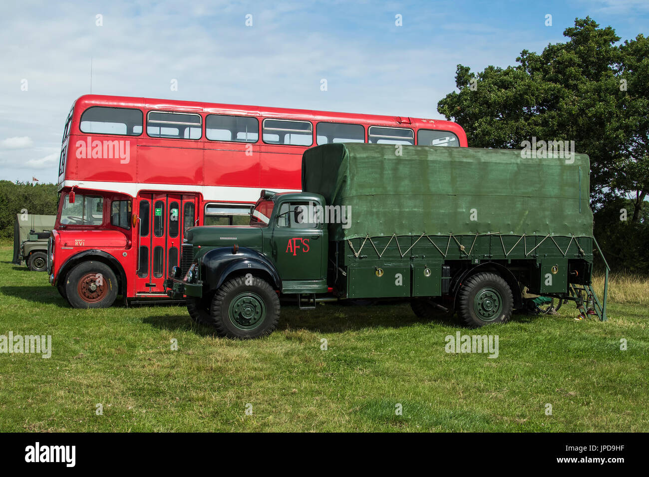 1957 AEC Reliance Bus with 1956 Commer 04 general purpose lorry/hoselayer fire service vehicle at Ringmer Steam and Country Show 2017 Stock Photo