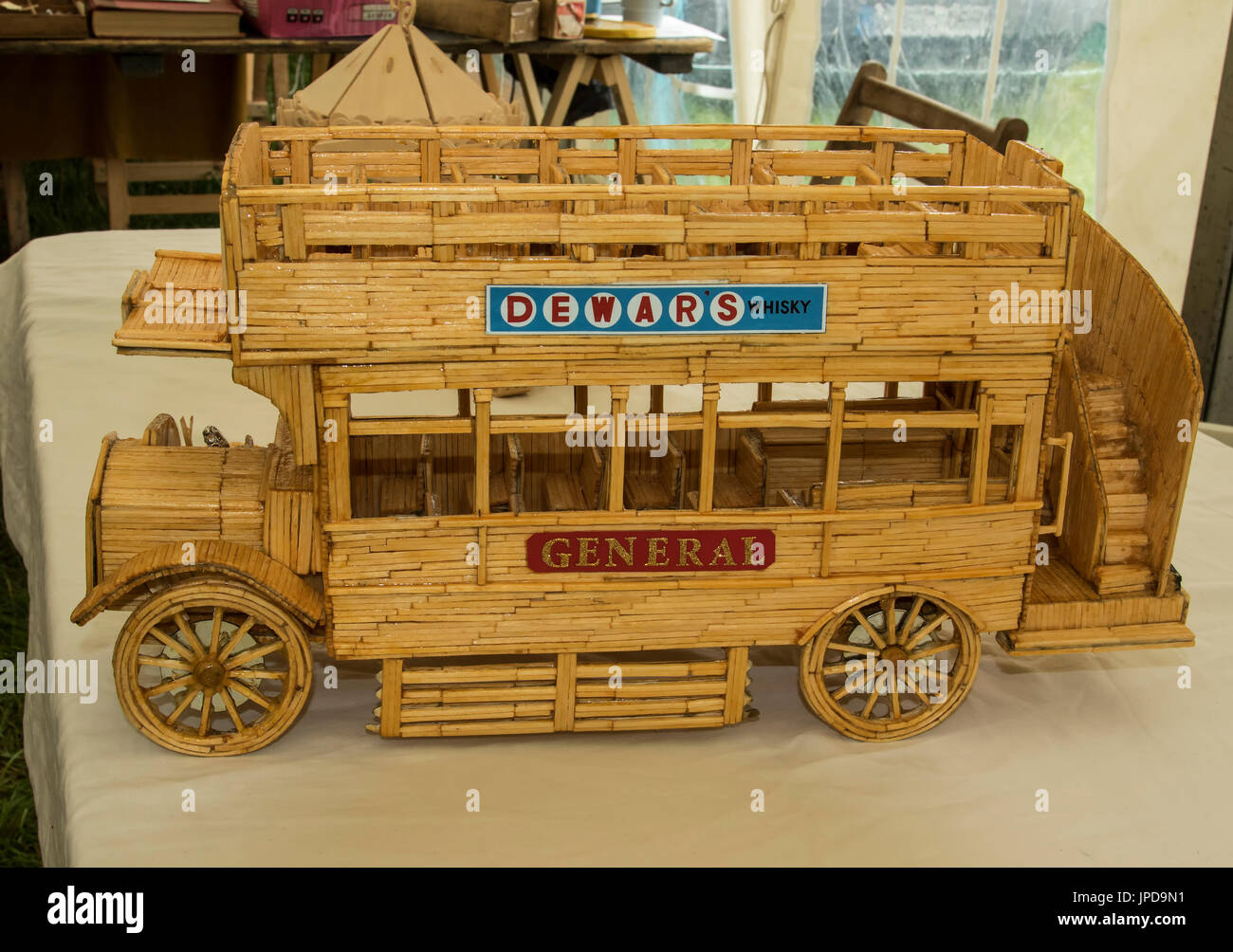 Model Double Decker Bus made from matchsticks at the Ringmer Steam and country show Stock Photo