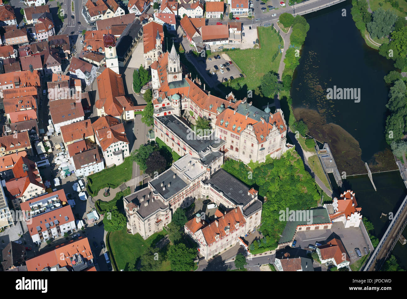 AERIAL VIEW. Medieval castle perched above the Danube River. Sigmaringen, Baden-Wurttemberg, Germany. Stock Photo