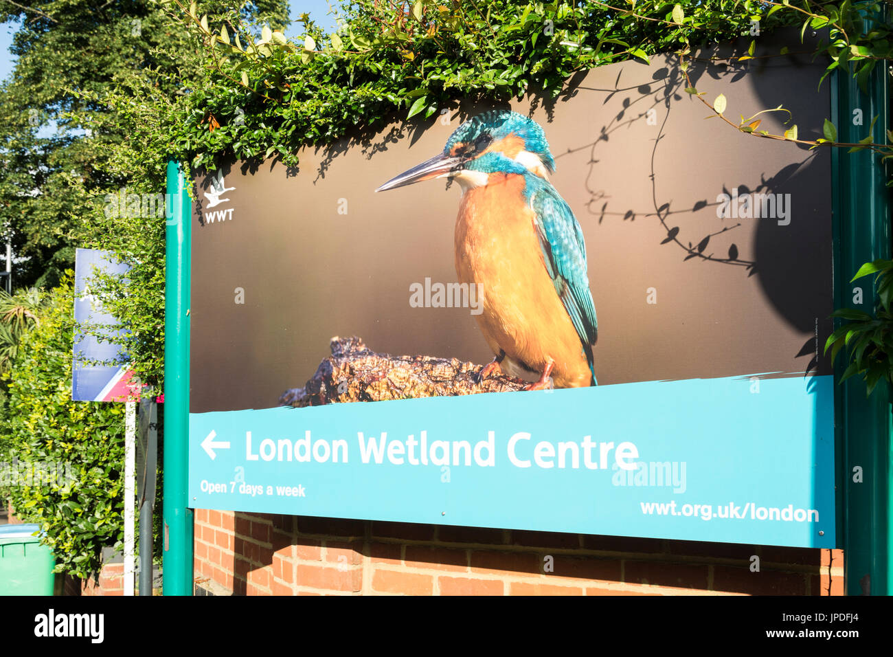 Colourful Kingfisher signage outside the London Wetland Centre, Barnes, SW13, UK Stock Photo