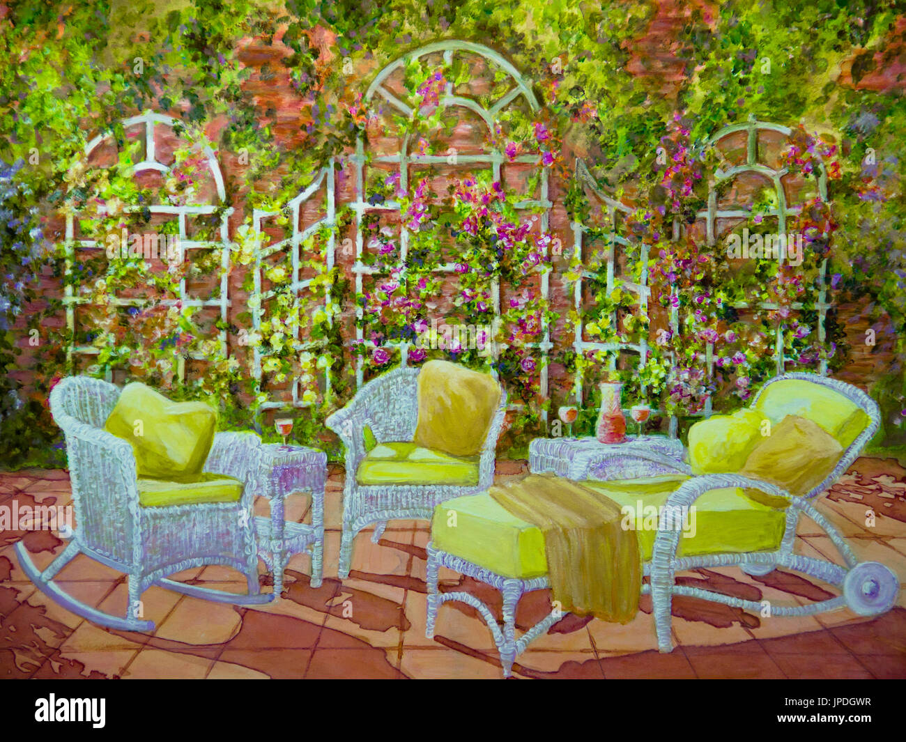 An inviting grouping of white wicker furniture is on a patio with a white trellis in a acrylic painting. Stock Photo