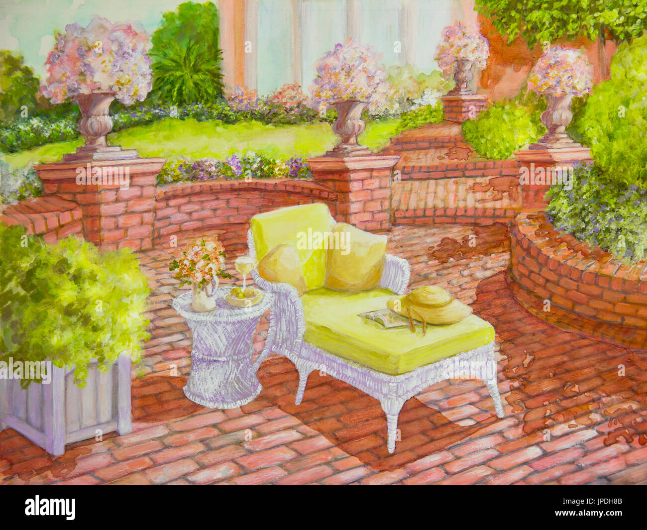 A white wicker lounge chair, holding a straw hat and a book, is on a brick patio in an acrylic painting. Stock Photo