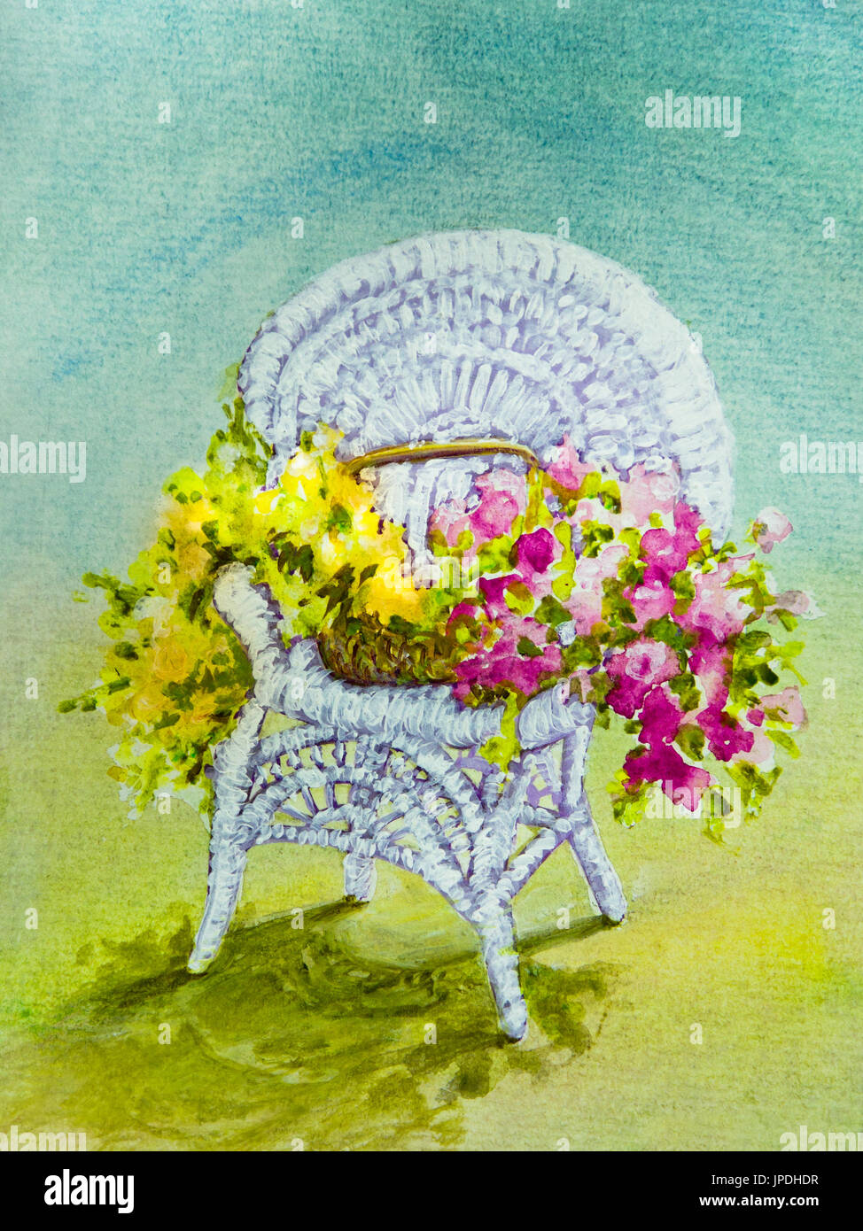 Yellow and Pink Flowers fill a Basket on a White Wicker Chair  in an acrylic painting. Stock Photo