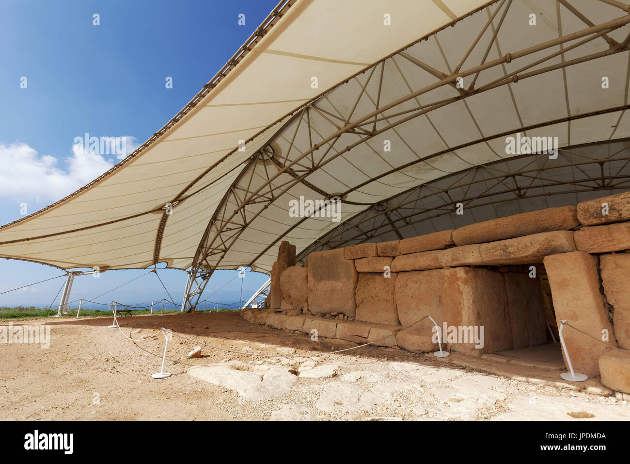 Hagar Qim, prehistoric temple complex with canopy, megalith temple, Qrendi, Malta Stock Photo