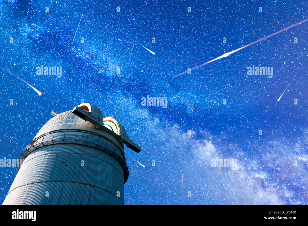 A view of the stars of the Milky Way. Night sky nature summer landscape. Meteor Shower. Falling stars. Comets. Perseid Meteor Shower in 2017. Astronom Stock Photo
