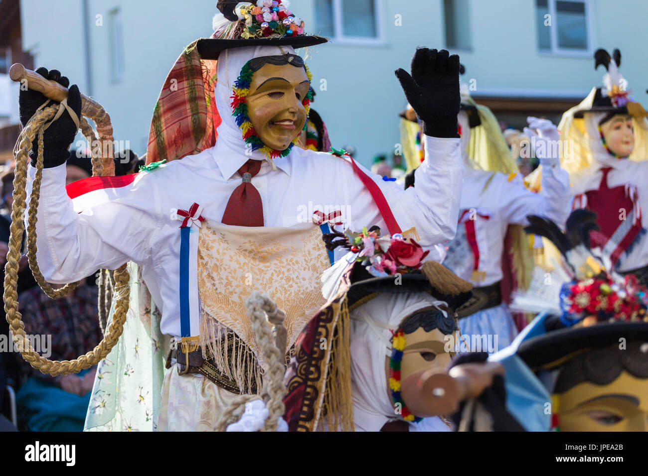 Parade of the traditional alpine carnival masks. Axamer Wampelerreiten, Axams, Inntal, Tirol, Osterreich(Austria), Europe Stock Photo