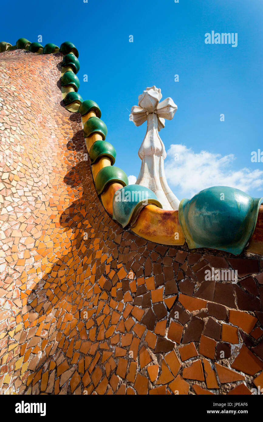 Barcelona, Spain, Casa Batlo rooftop details, chimney designed by Antonio Gaudi Stock Photo