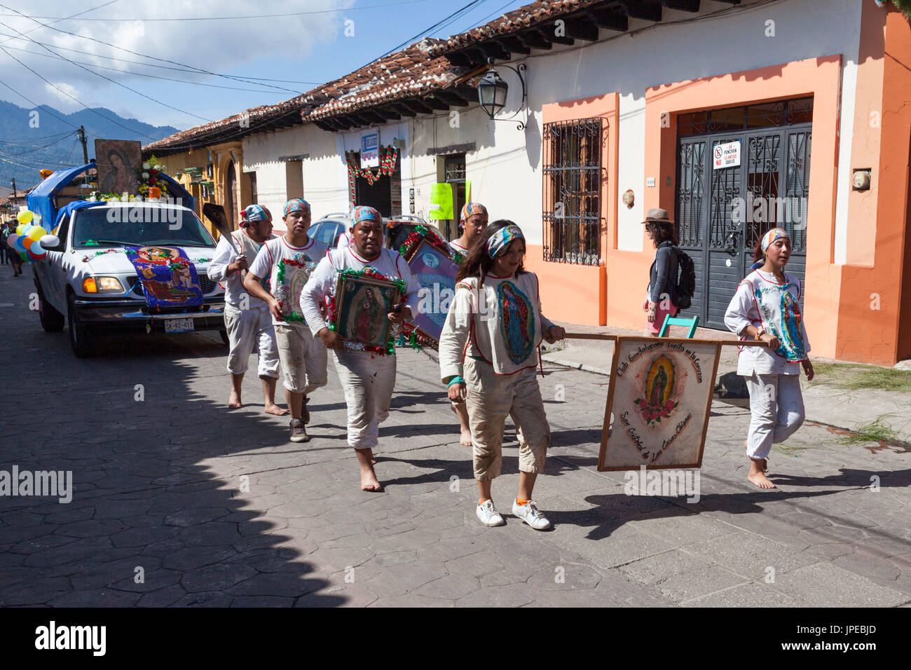 Procession during Guadalupe Virgin celebrations, San Cristobal de las Casas, Chiapas, Mexico. Stock Photo