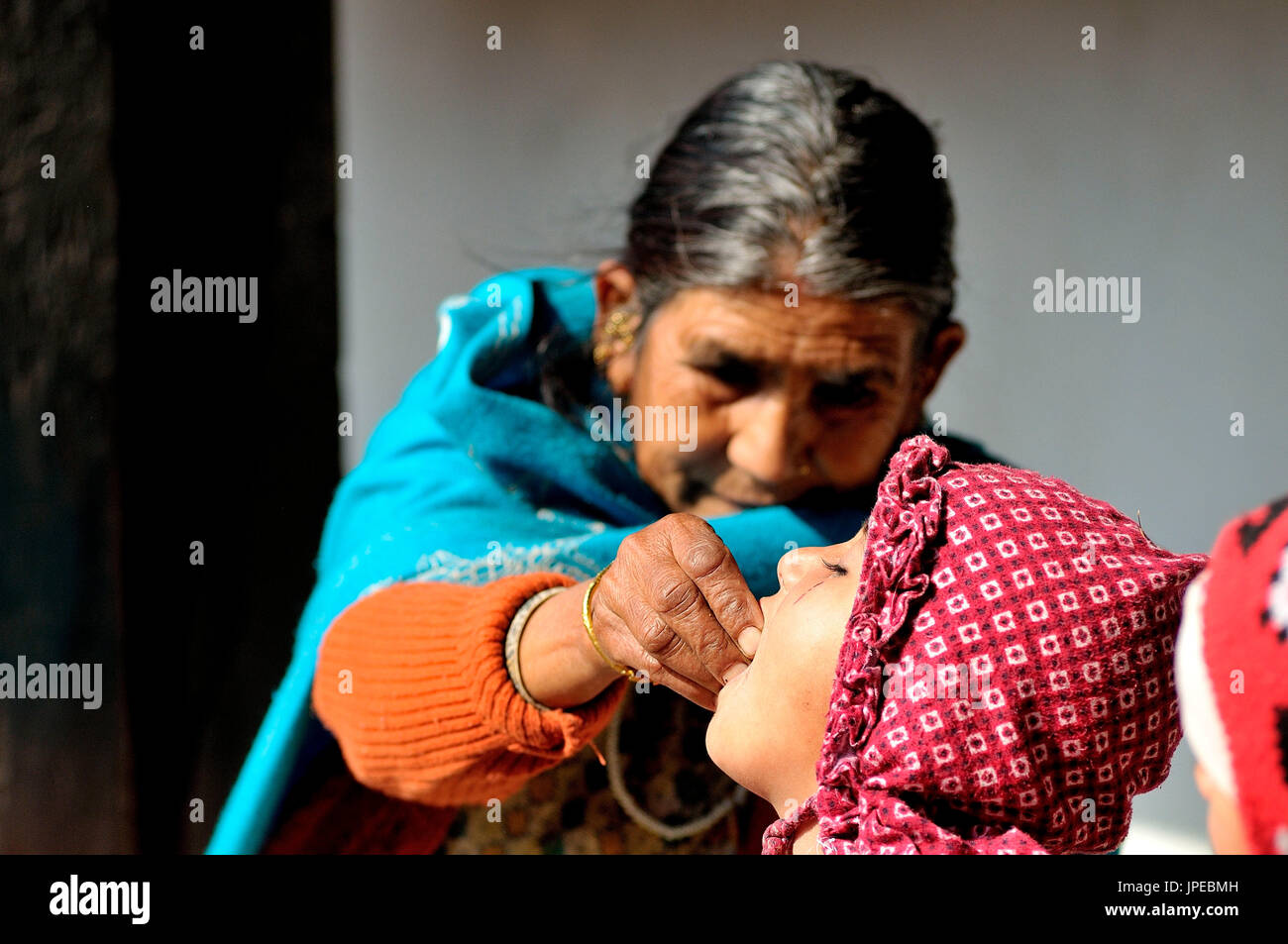 Portrait of a woman and a little girl in Nepal Stock Photo