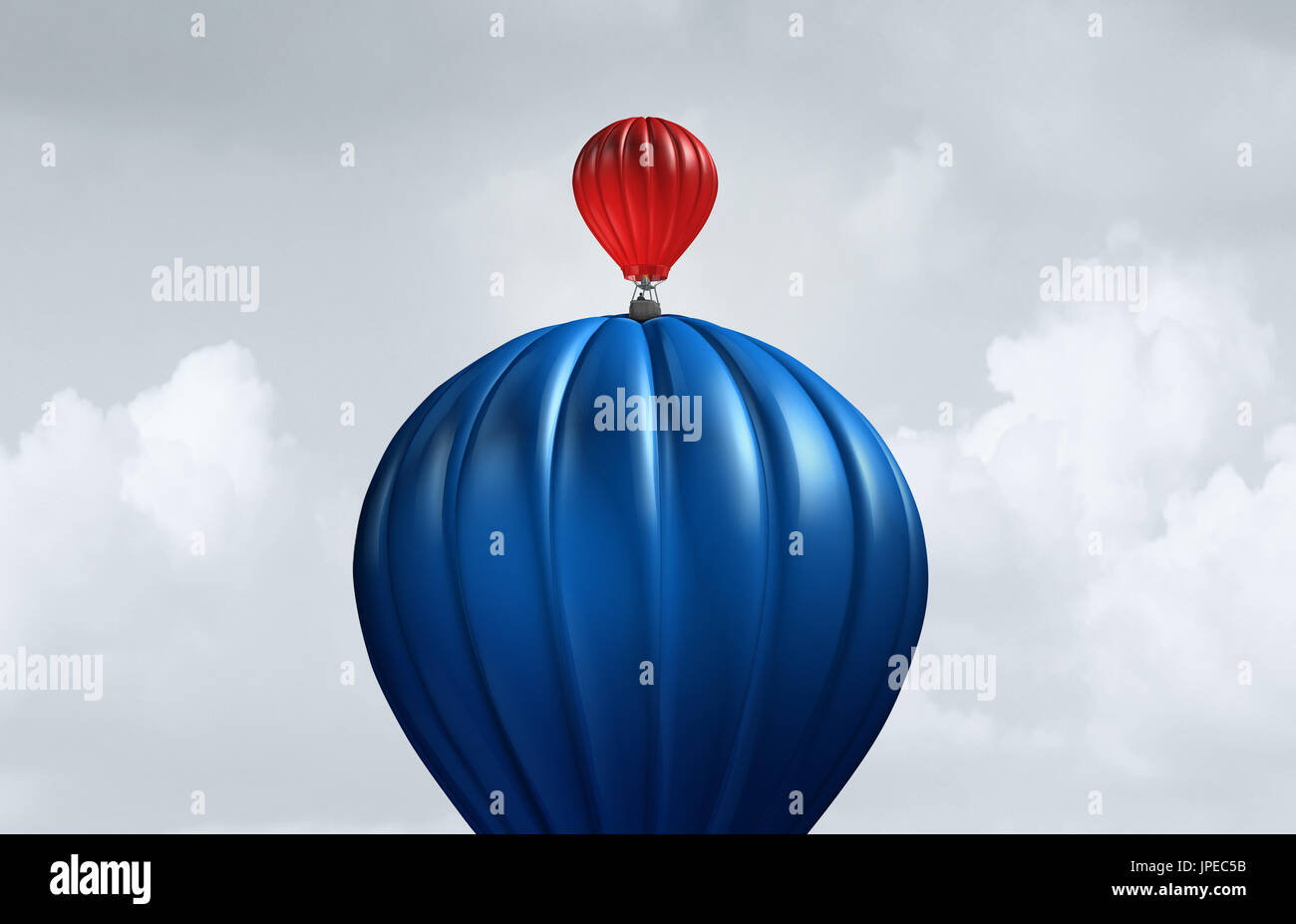 Big business assistance and support financial and corporate concept as a large air balloon lifting up a small entity as a symbol for investment. Stock Photo