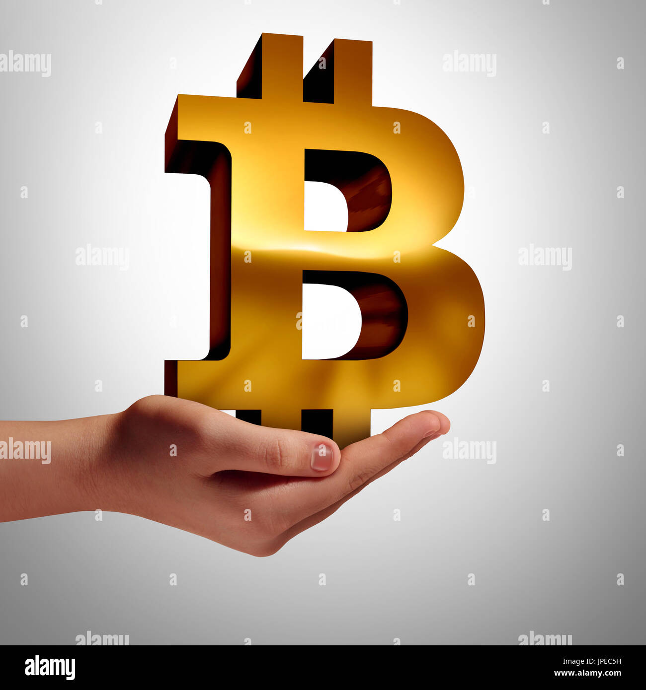 Bitcoin currency and symbol of cryptocurrency digital internet currency economic concept as a human hand holding online electronic money. Stock Photo