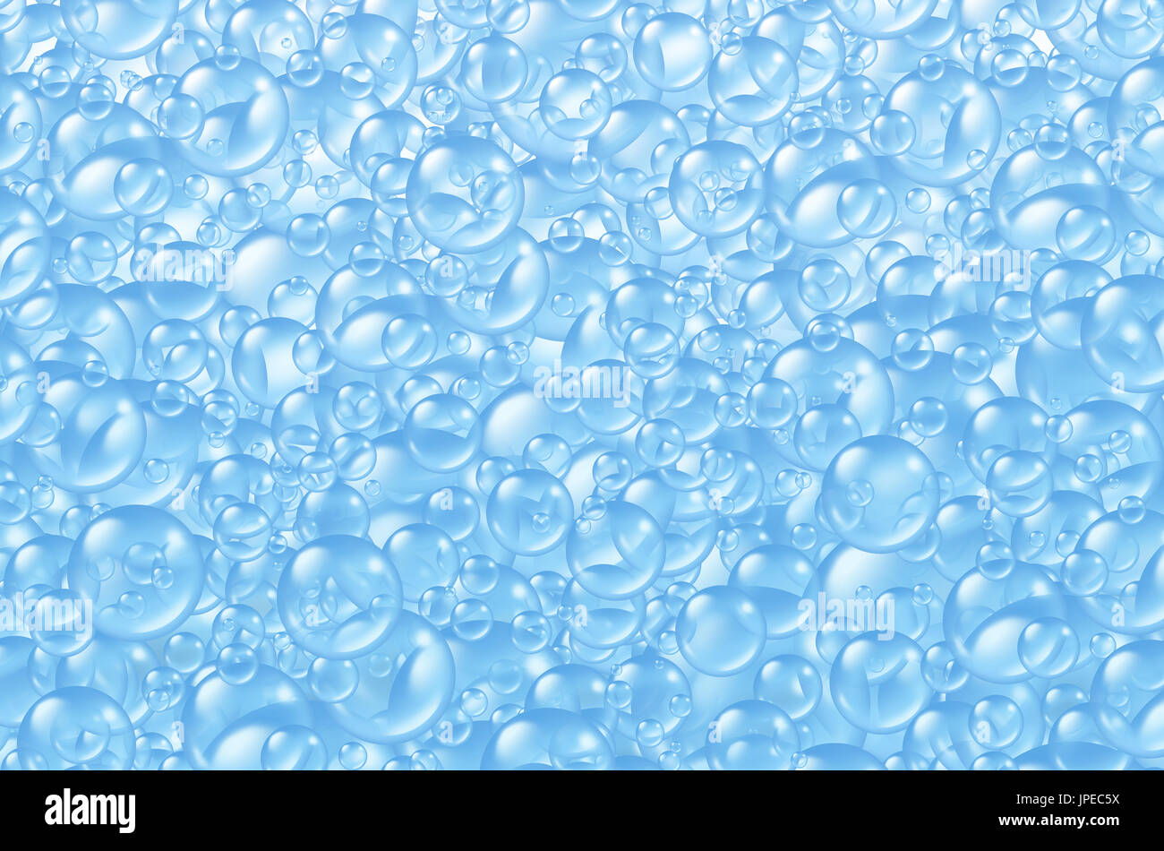 Bubbles background with transparent bath soap suds as a bunch of foam spheres in many circular sizes floating as clean blue symbols of washing. Stock Photo