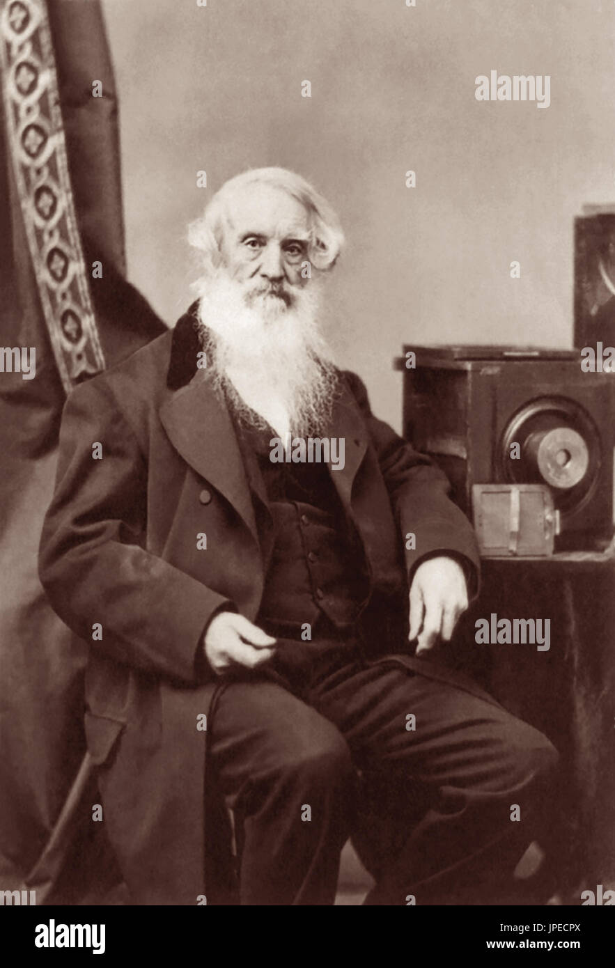 Samuel F.B. Morse (1791-1872), American painter and inventor, shown with a camera and glass plate negatives in an 1872 portrait by photographer Abraham Bogardus. Stock Photo