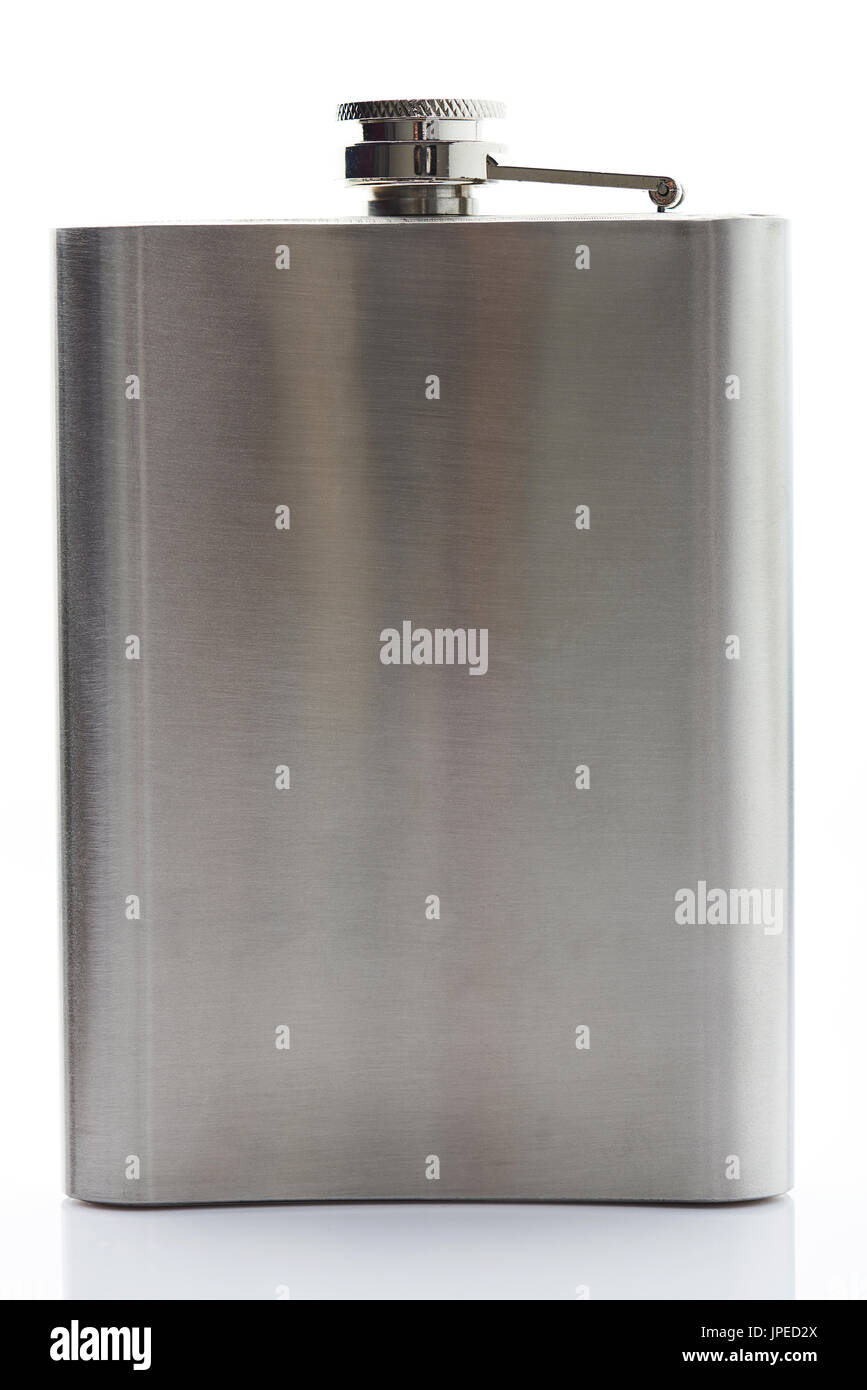 One metal flask isolated on white background. Stainless flask closeup