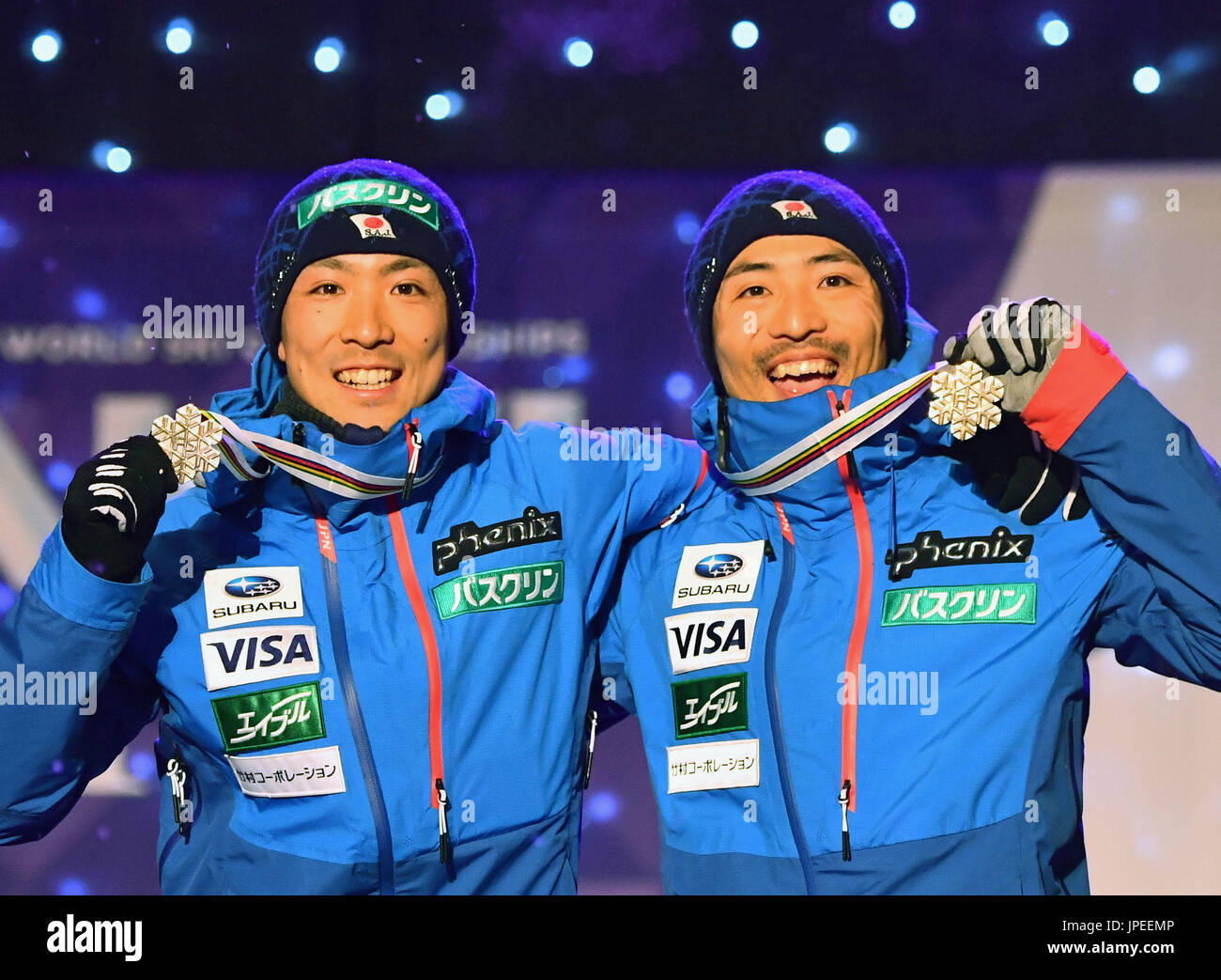 Japan's Nordic combined skiers, Akito Watabe (L) and his younger