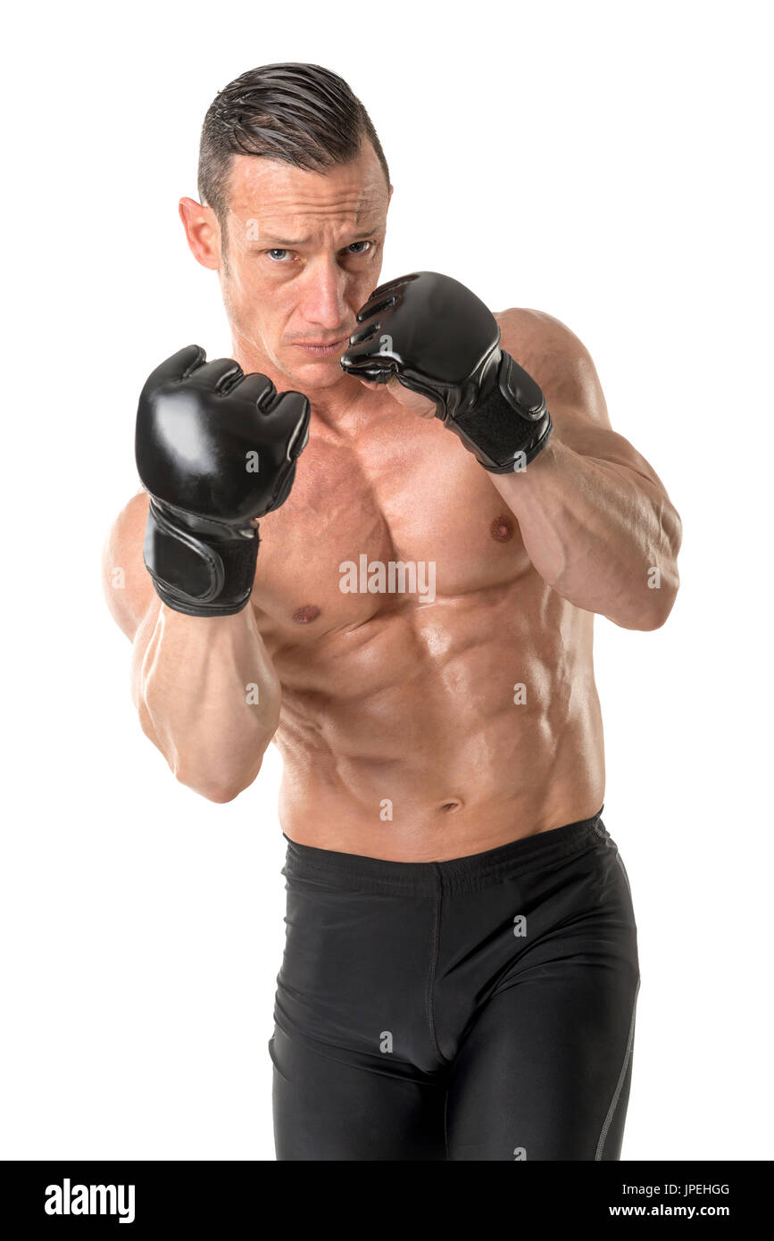 Strong Mixed Martial Arts fighter isolated in white Stock Photo