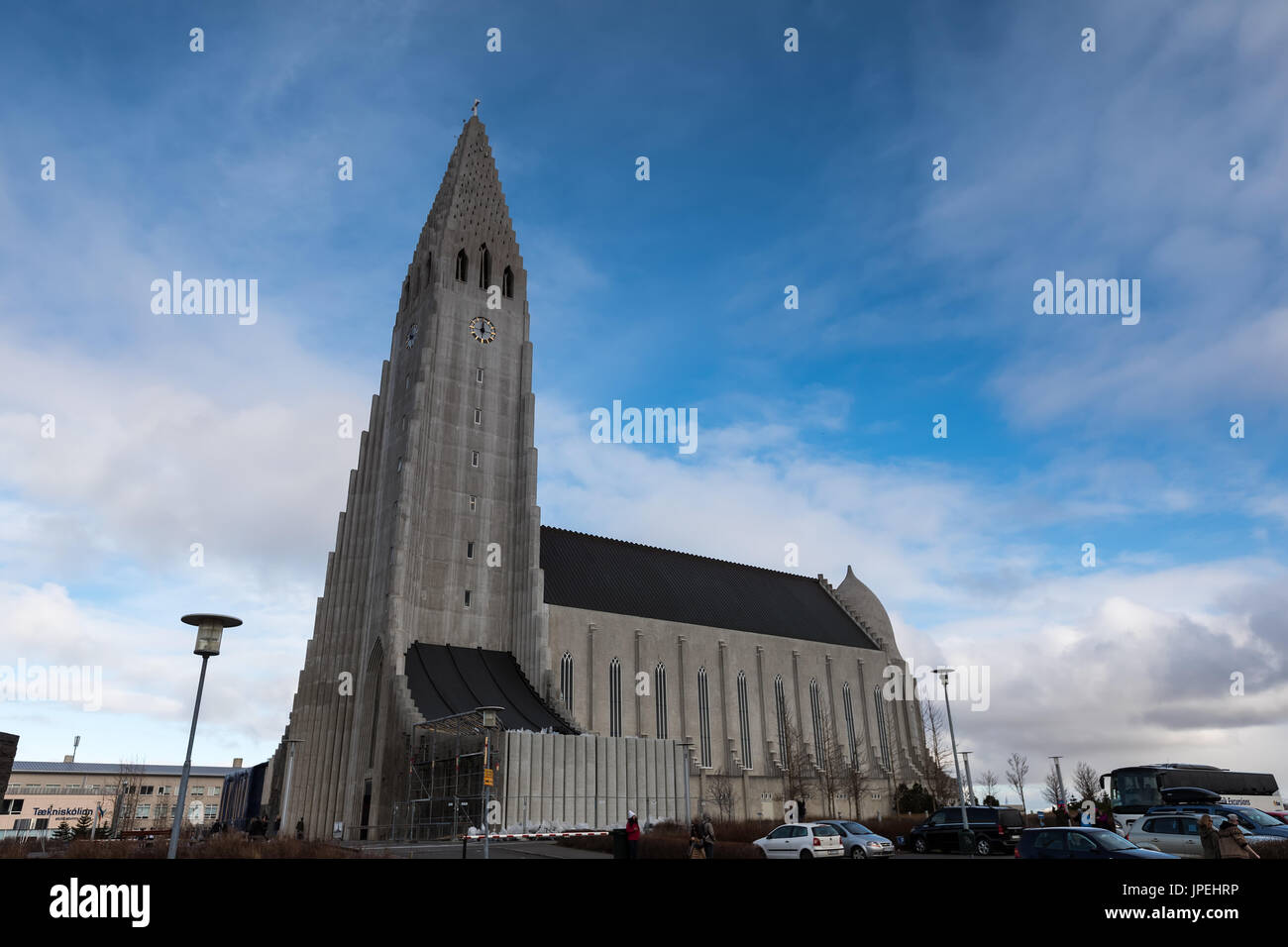 Reykjavik, Iceland - April 1, 2017: The famous Hallgrimskirkja Cathedral in city of Reykjavik in Iceland Stock Photo