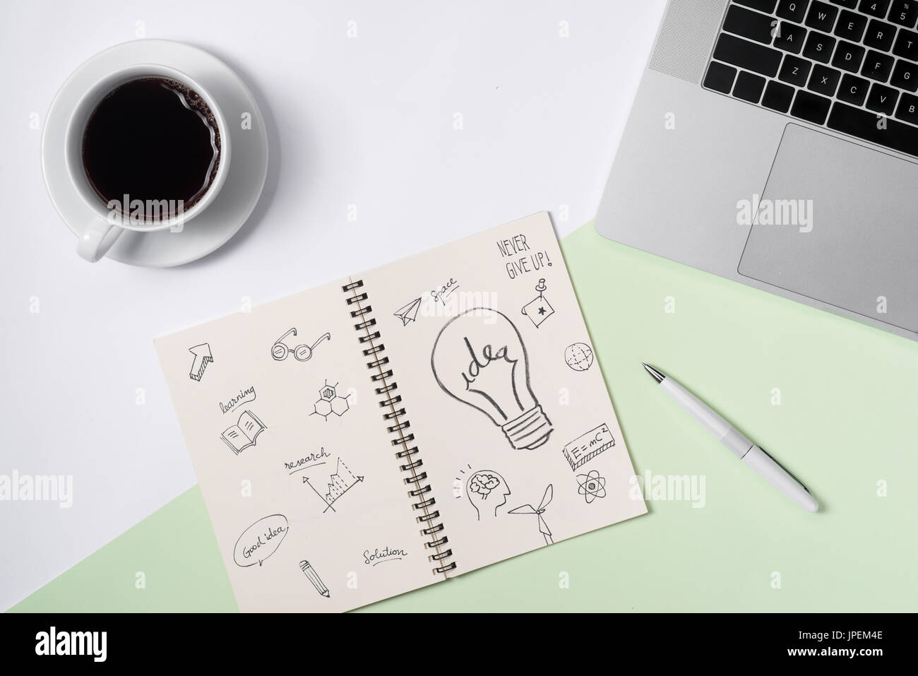 Business ideas, creativity, inspiration and start up concepts, ideas message on notebook with lightbulb. Stock Photo