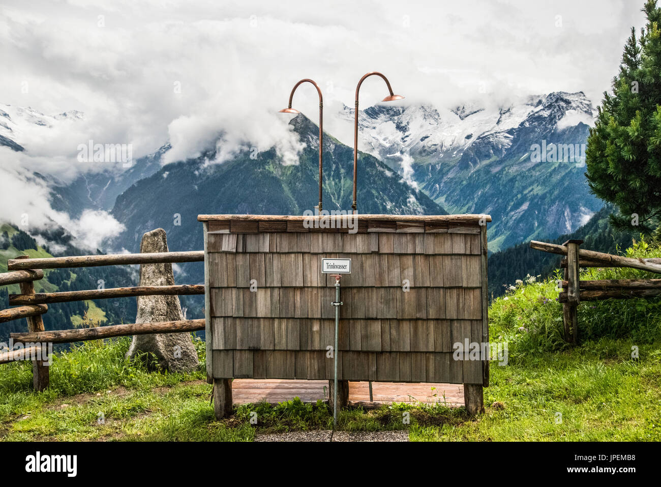 The Gams Hut mountain refuge shower with a view located above  Mayrhofen-Finkenberg in the Austrian Zillertal Alps of Tirol Stock Photo -  Alamy