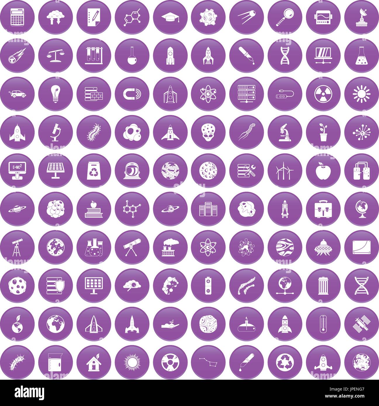 100 space icons set purple Stock Vector