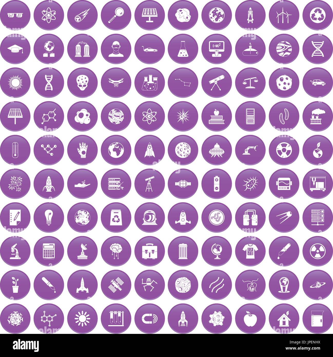 100 space technology icons set purple Stock Vector