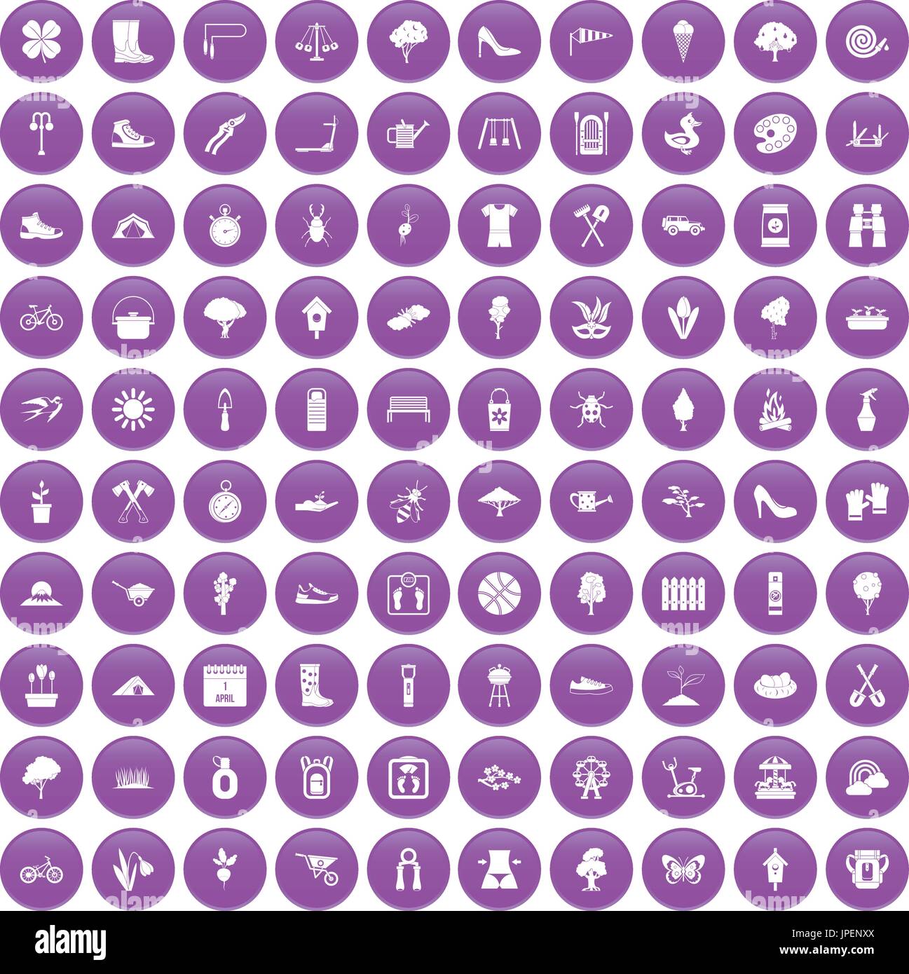 100 spring icons set purple Stock Vector