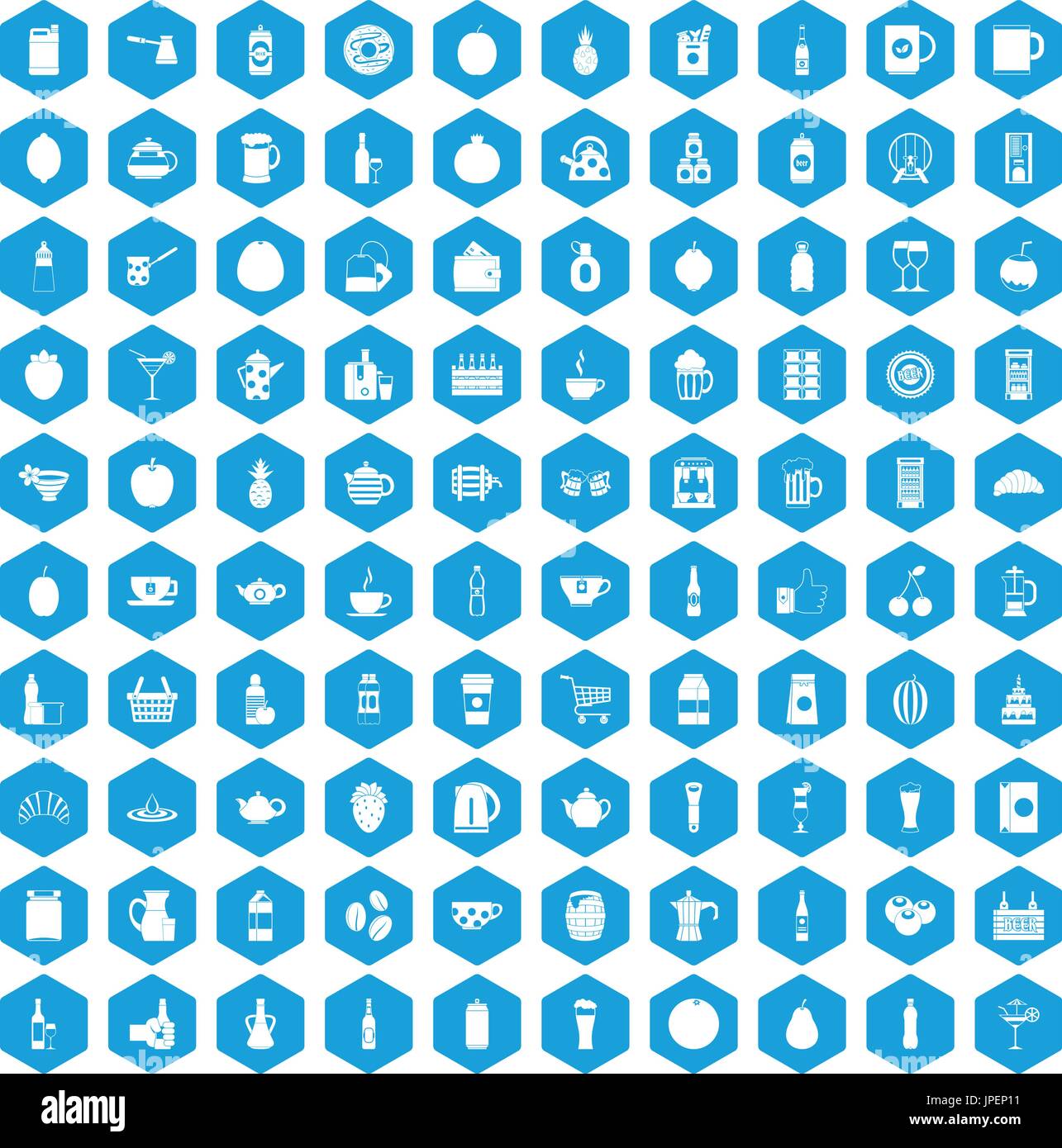 100 beverage icons set blue Stock Vector