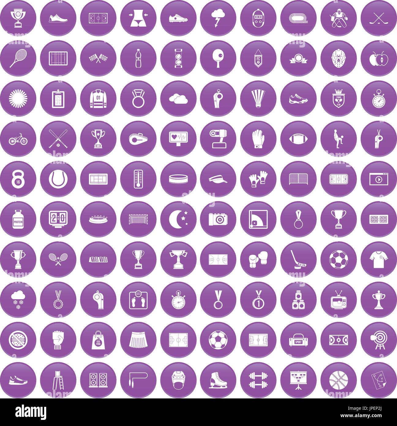 100 stadium icons set purple Stock Vector