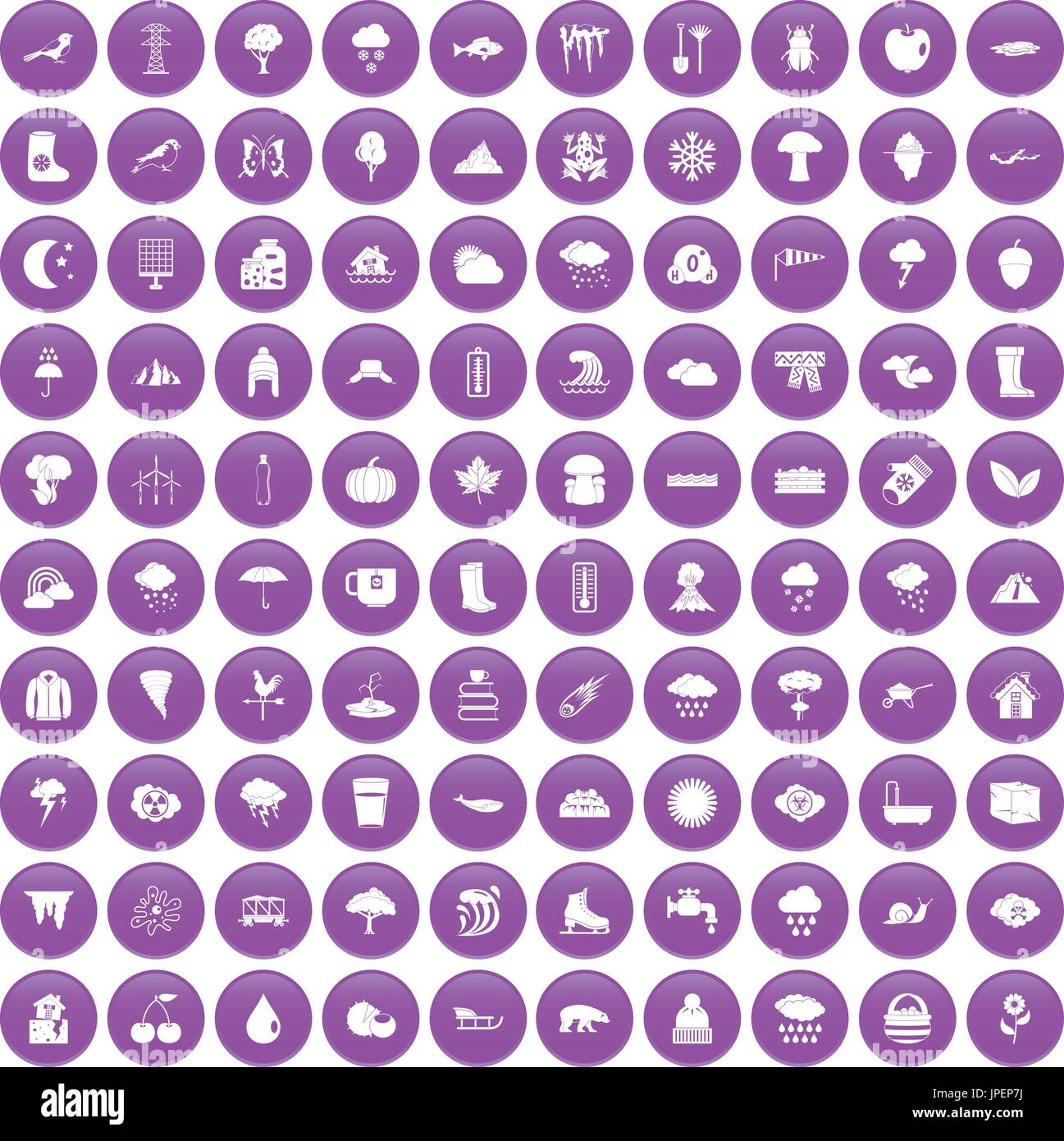 100 clouds icons set purple Stock Vector