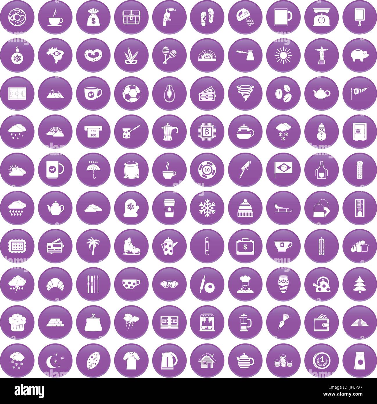 100 coffee cup icons set purple Stock Vector
