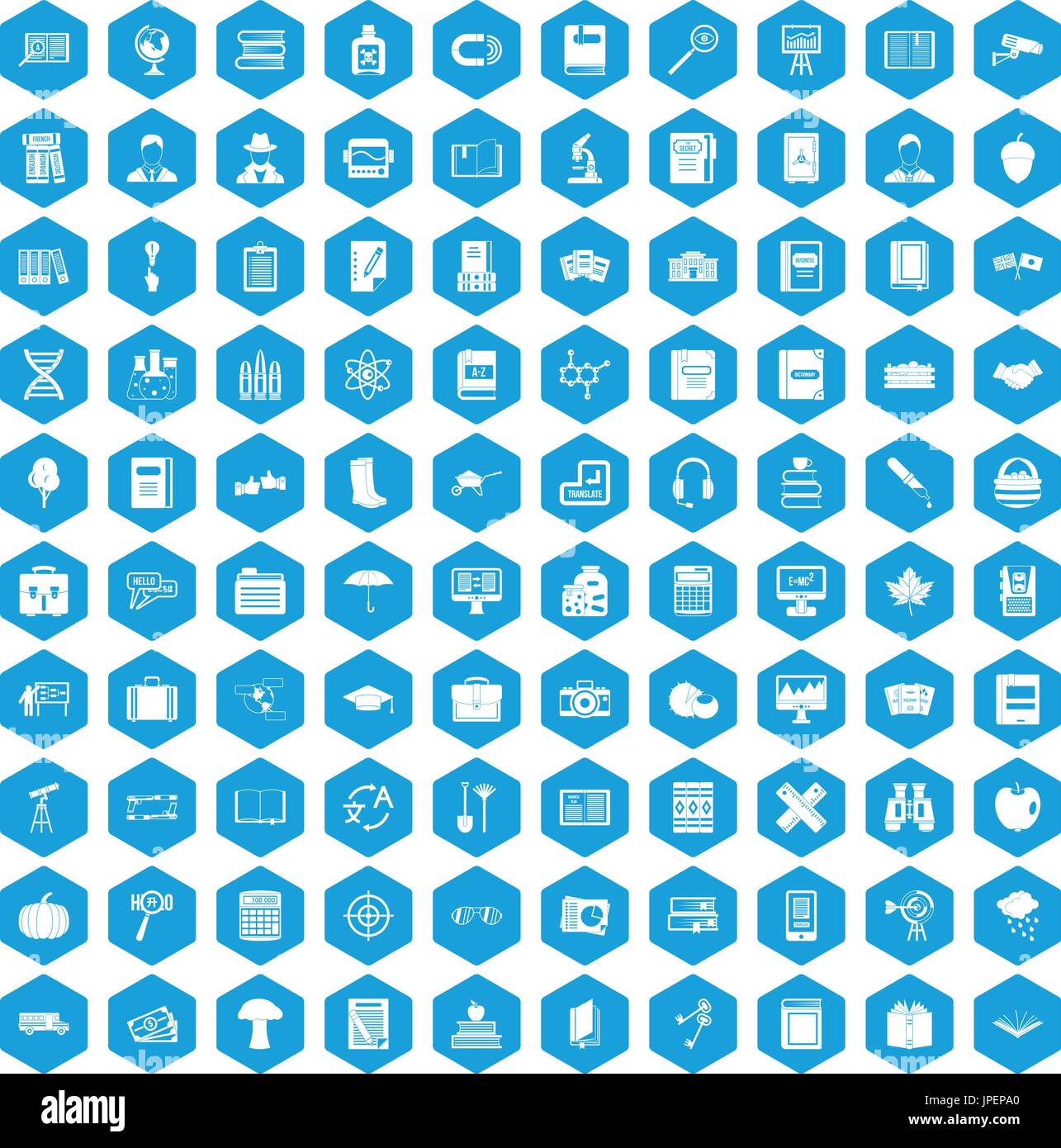 100 book icons set blue Stock Vector