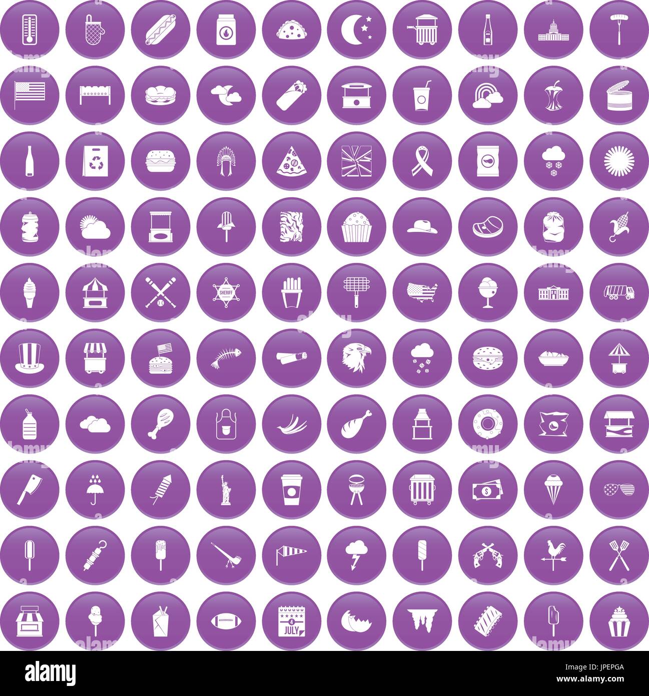 100 street food icons set purple Stock Vector