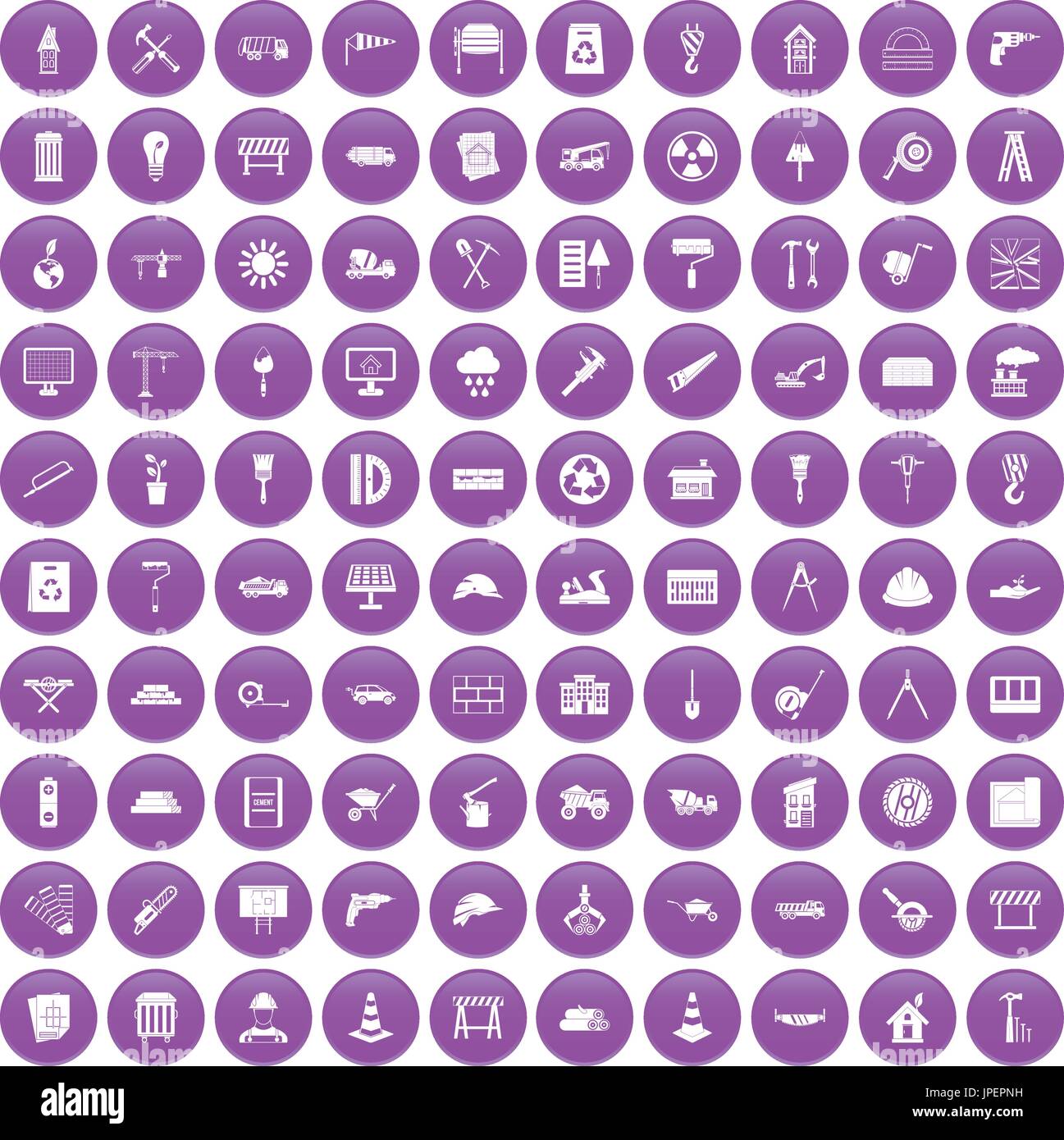 100 construction site icons set purple Stock Vector