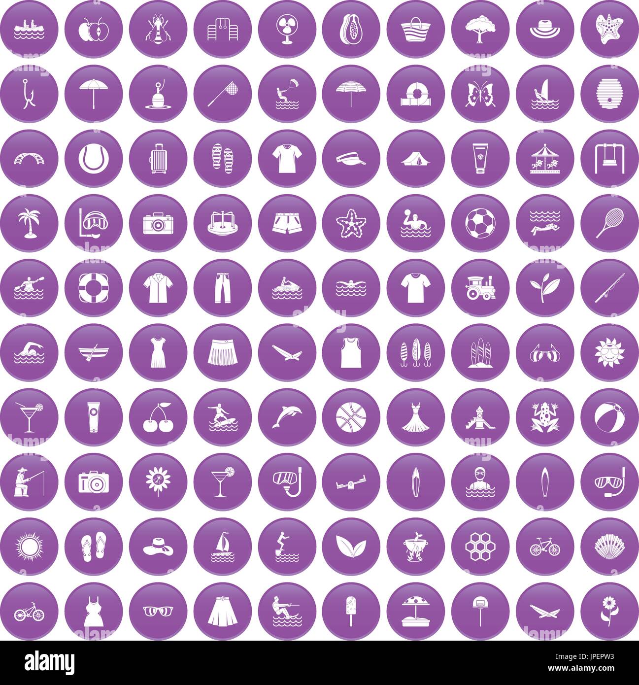 100 summer icons set purple Stock Vector