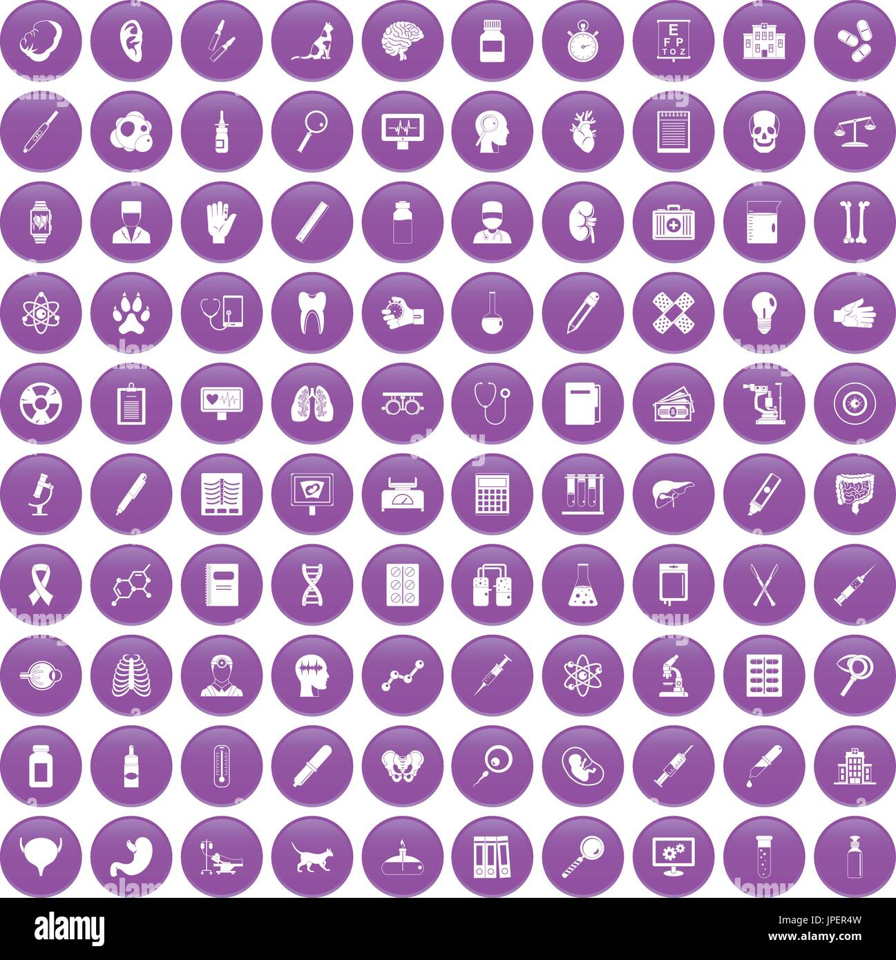 100 diagnostic icons set purple Stock Vector