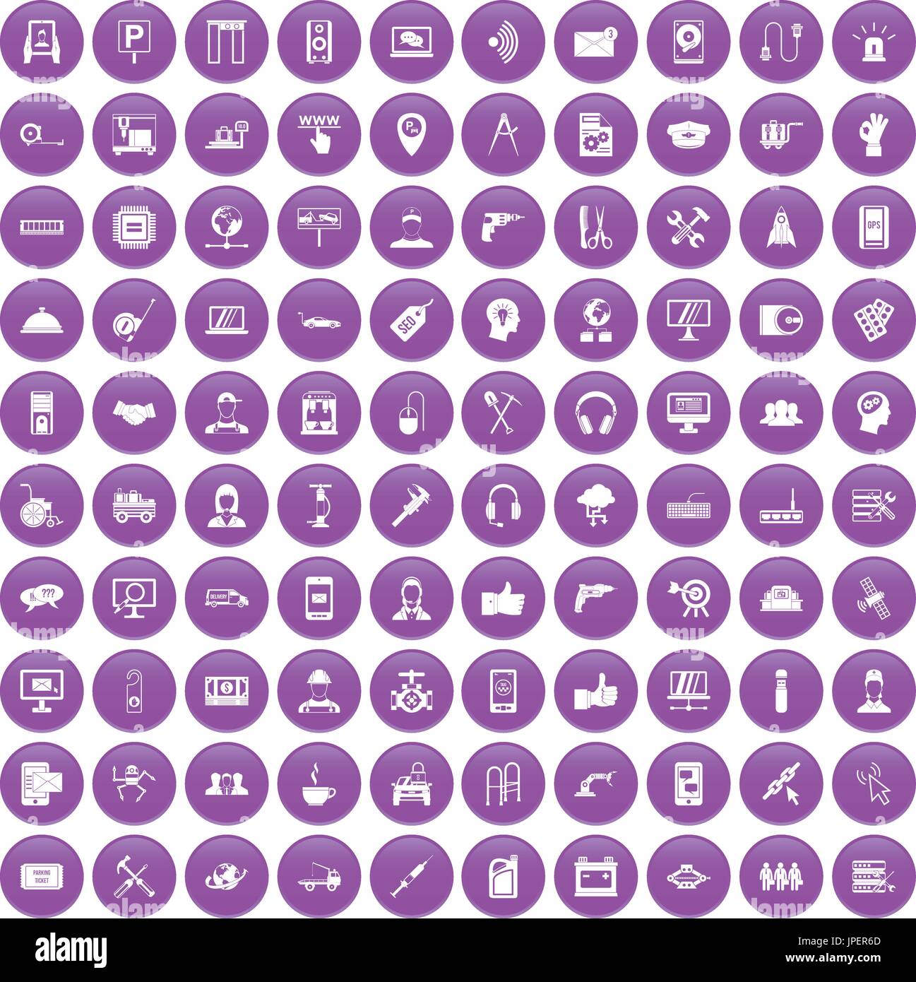 100 support icons set purple Stock Vector