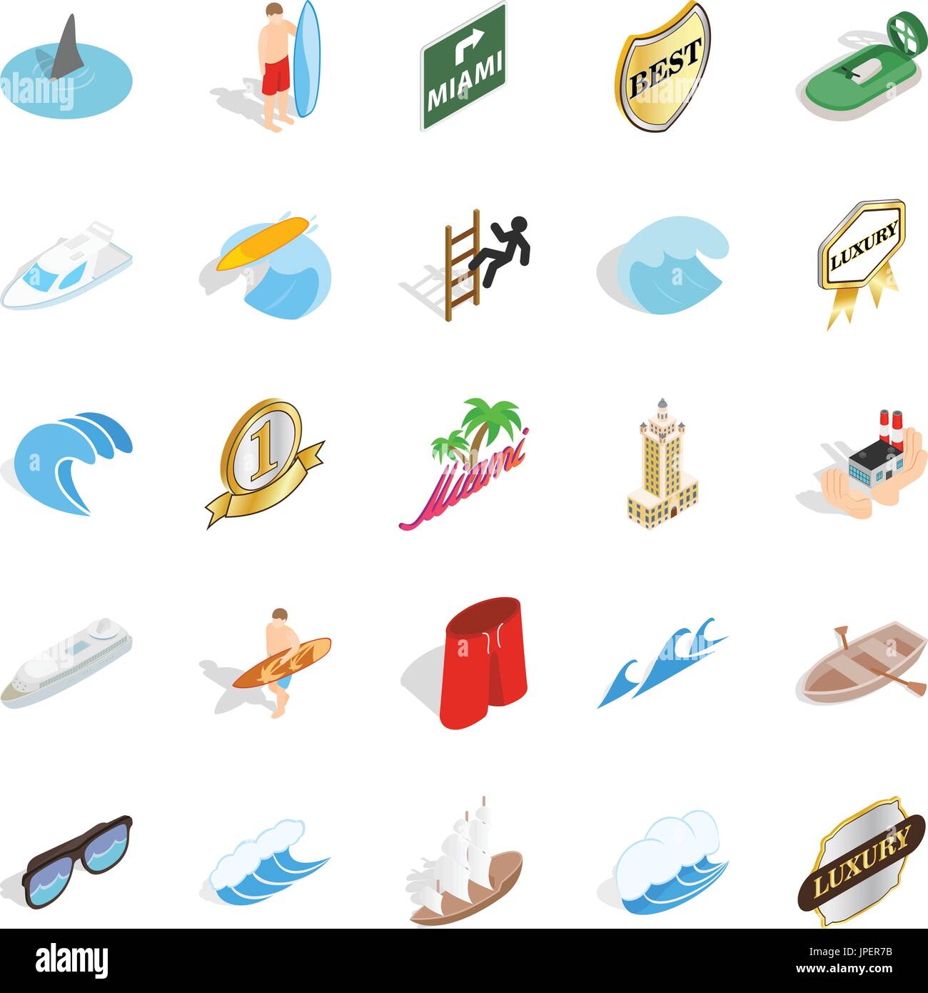 Surfing icons set, isometric style Stock Vector