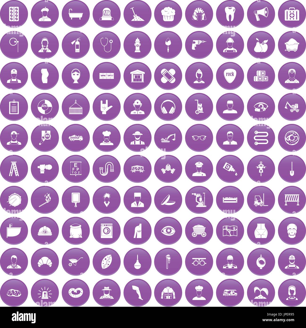 100 different professions icons set purple Stock Vector