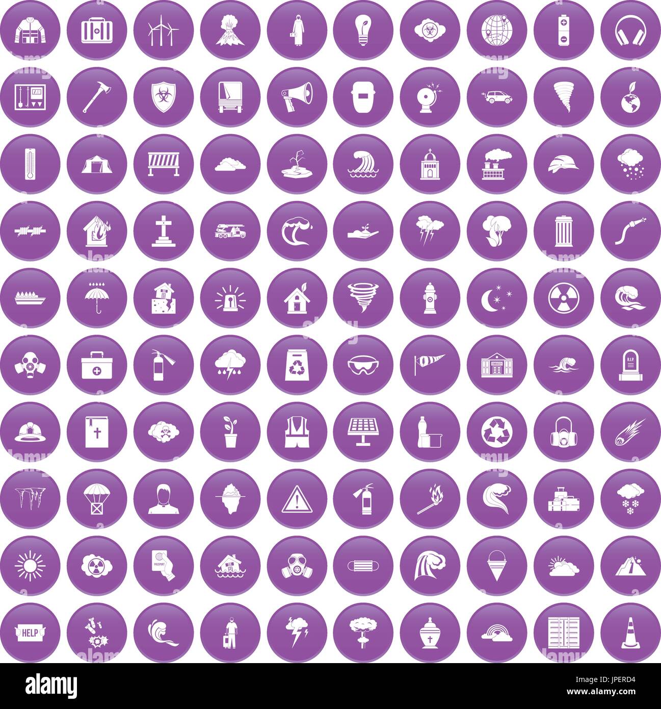 100 disaster icons set purple Stock Vector