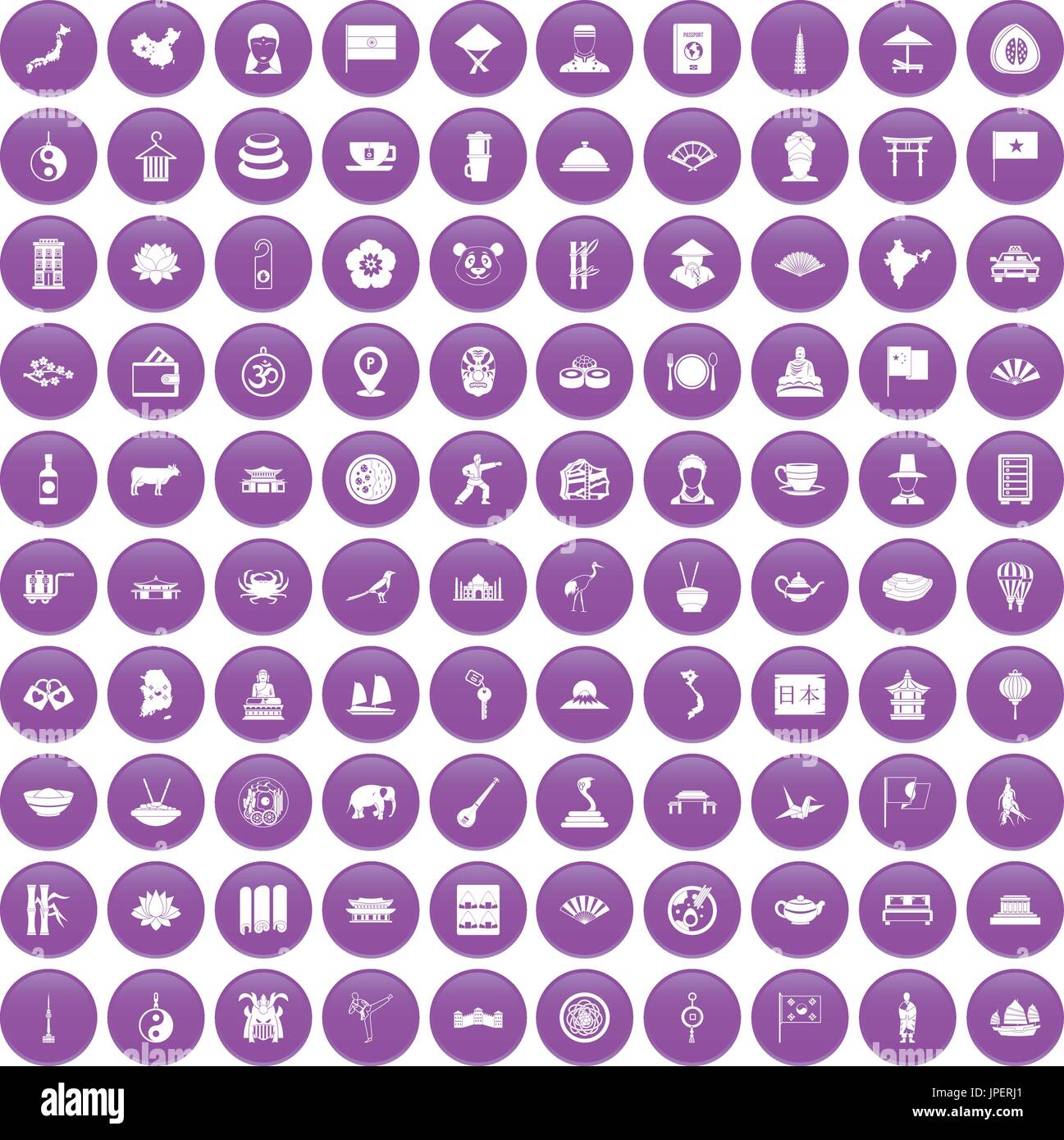 100 dish icons set purple Stock Vector