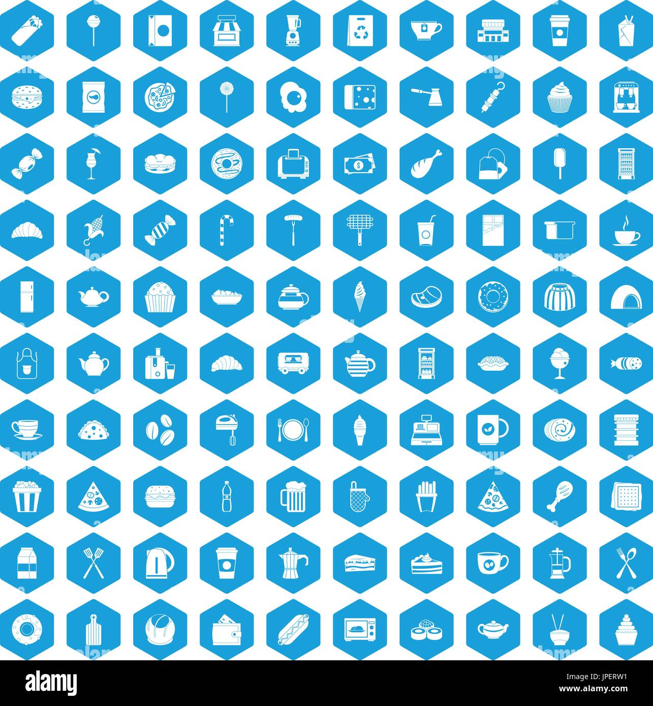 100 cafe icons set blue Stock Vector