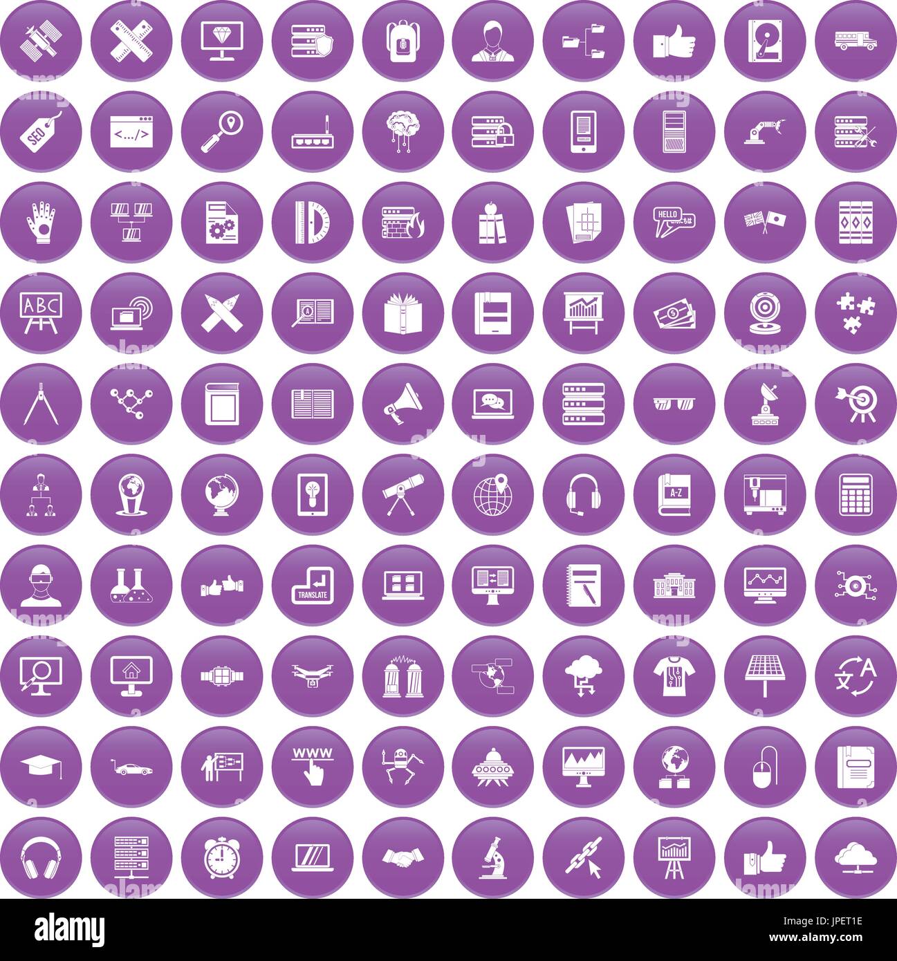 100 education technology icons set purple Stock Vector