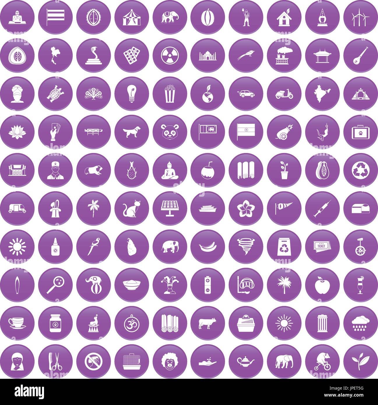 100 elephant icons set purple Stock Vector