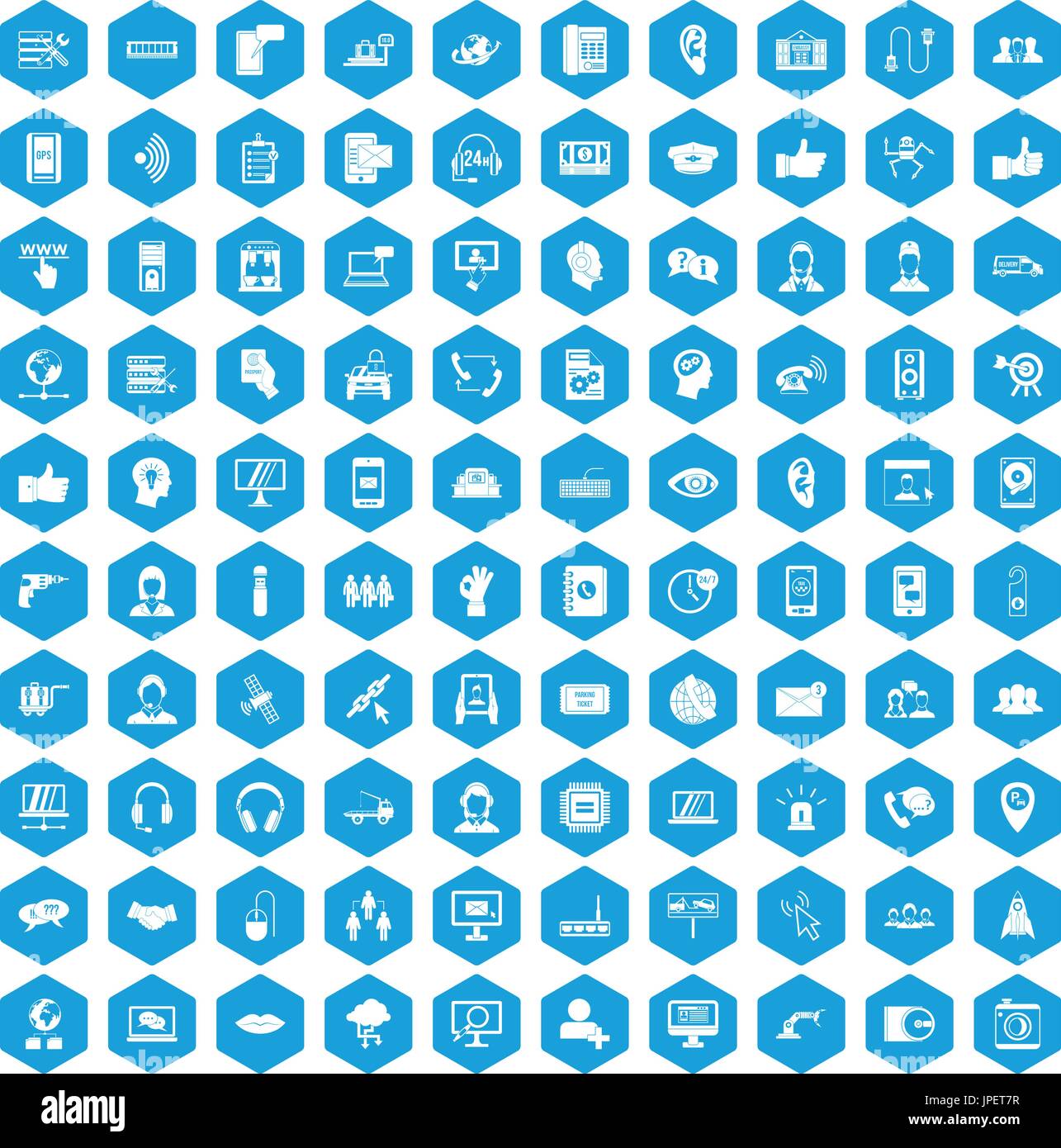 100 call center icons set blue Stock Vector